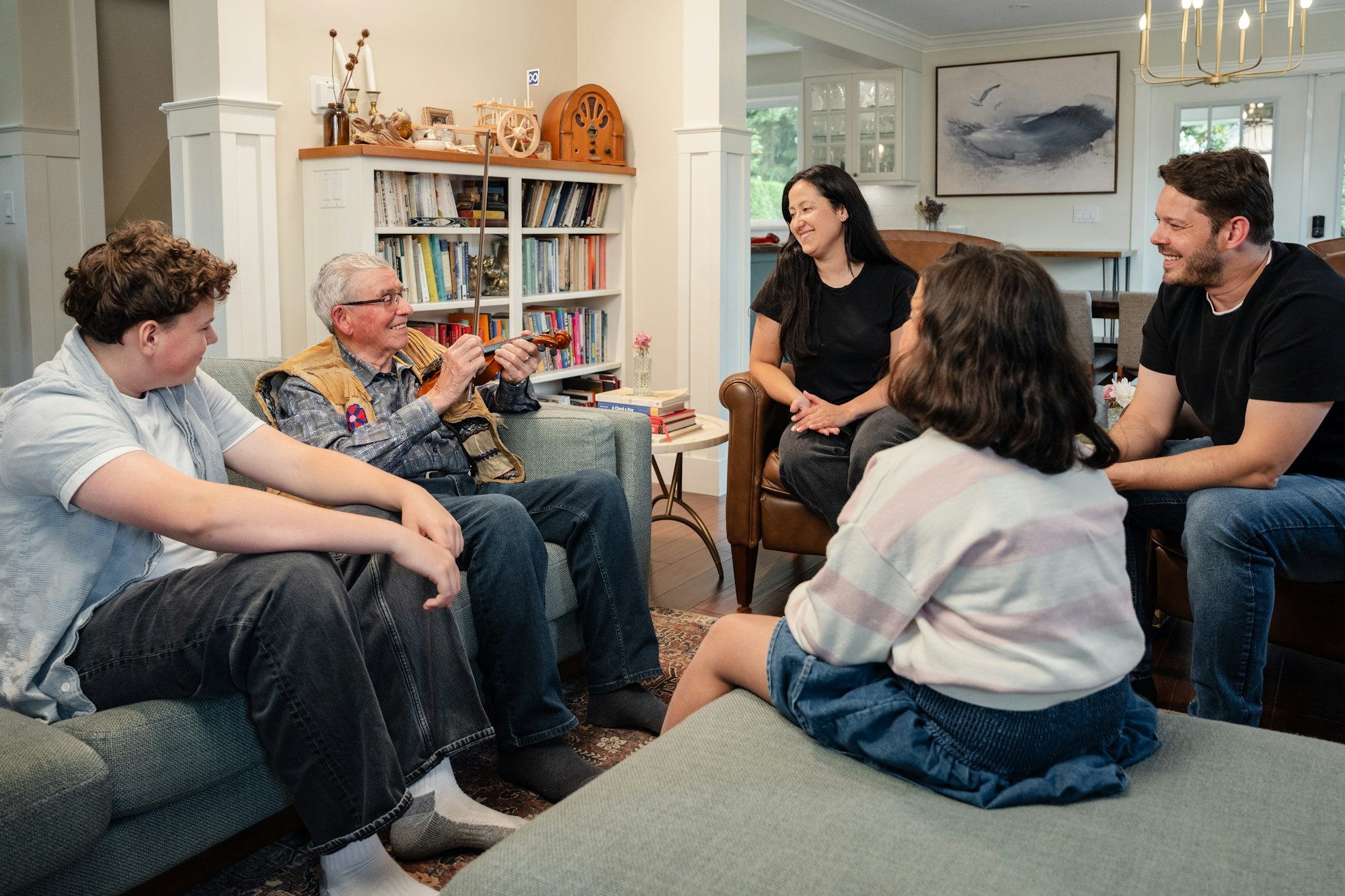 Small group talking in a cozy living room